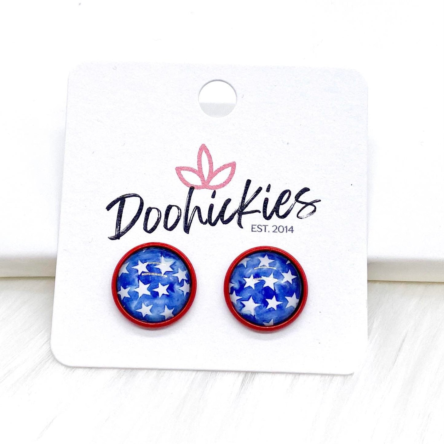 12mm Stars in Red Settings -Patriotic Earrings by Doohickies Wholesale