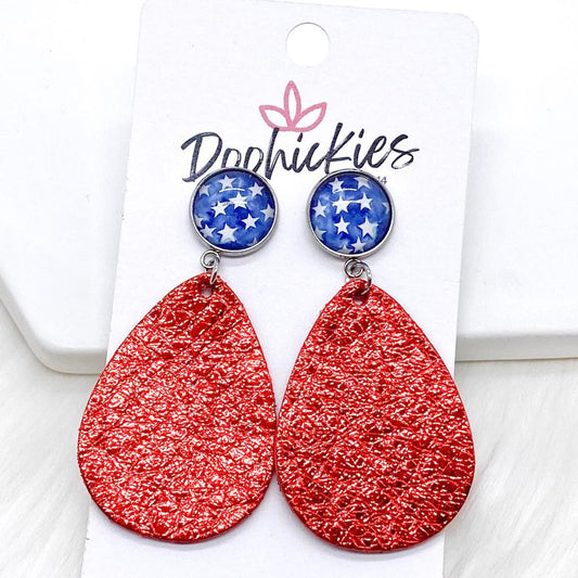 2” Star Spangled Dangles (Blue Stars & Metallic Red) -Patriotic Earrings by Doohickies Wholesale