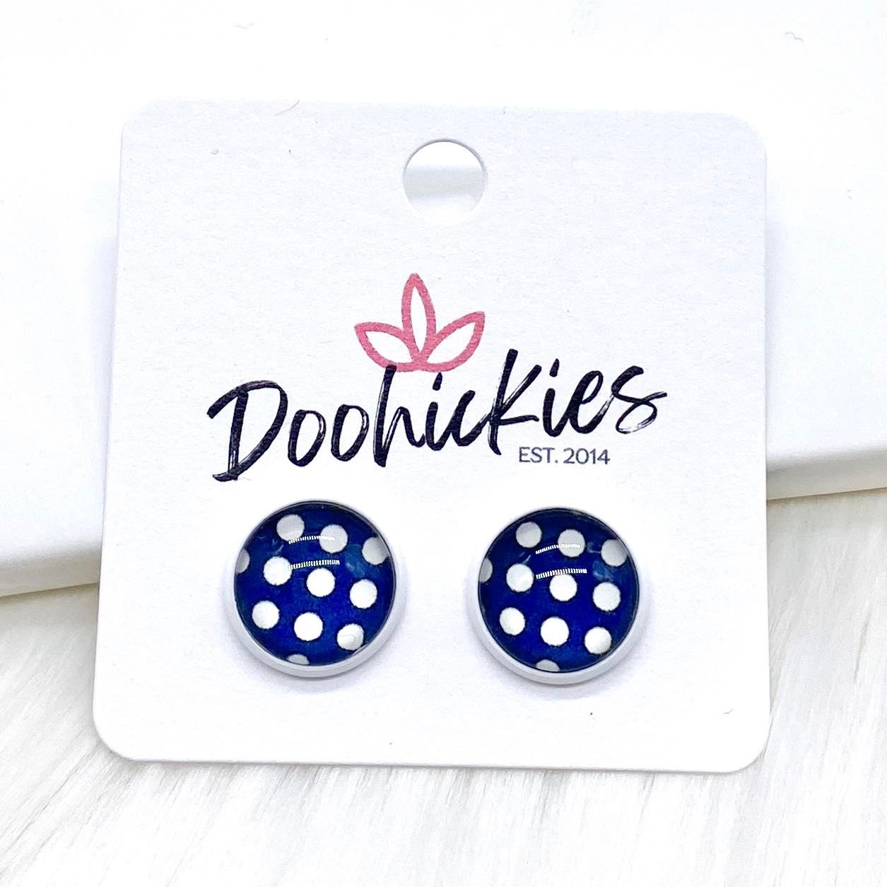 12mm Polka Dots in White Settings -Patriotic Earrings by Doohickies Wholesale