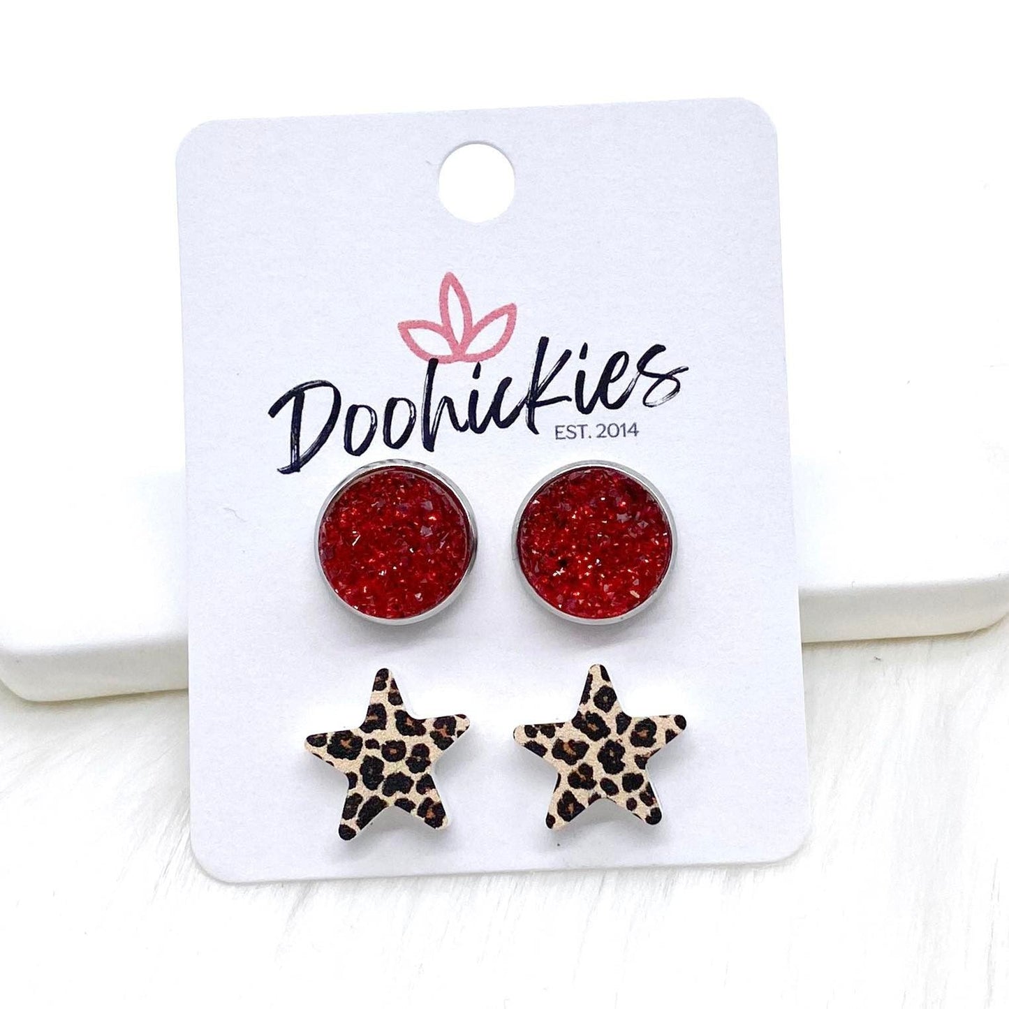 12mm Patriotic Sparkles & 14mm Leopard Star Duos in Stainless Steel Settings -Patriotic Earrings by Doohickies Wholesale