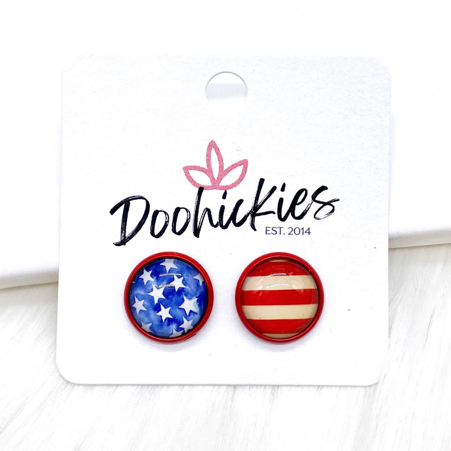 12mm Stars & Stripes in Red Settings -Patriotic Earrings by Doohickies Wholesale