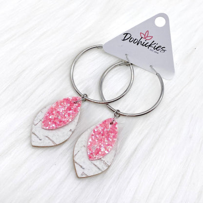 3.25" Pink Glitter & White Corkie Hoops -Earrings by Doohickies Wholesale