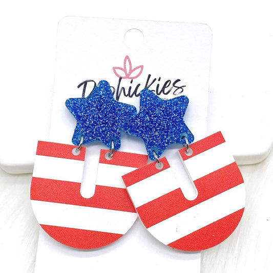 2" Blue Glitter Star & Striped Chunky Rainbow Patriotic Acrylic Dangles -Patriotic Earrings by Doohickies Wholesale