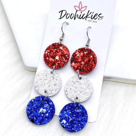 3" USA Chunky Glitter Patriotic Triple Corkies -Patriotic Earrings by Doohickies Wholesale