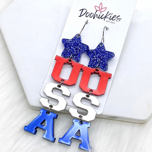 3.5" Patriotic Star & USA Acrylics -Patriotic Earrings by Doohickies Wholesale