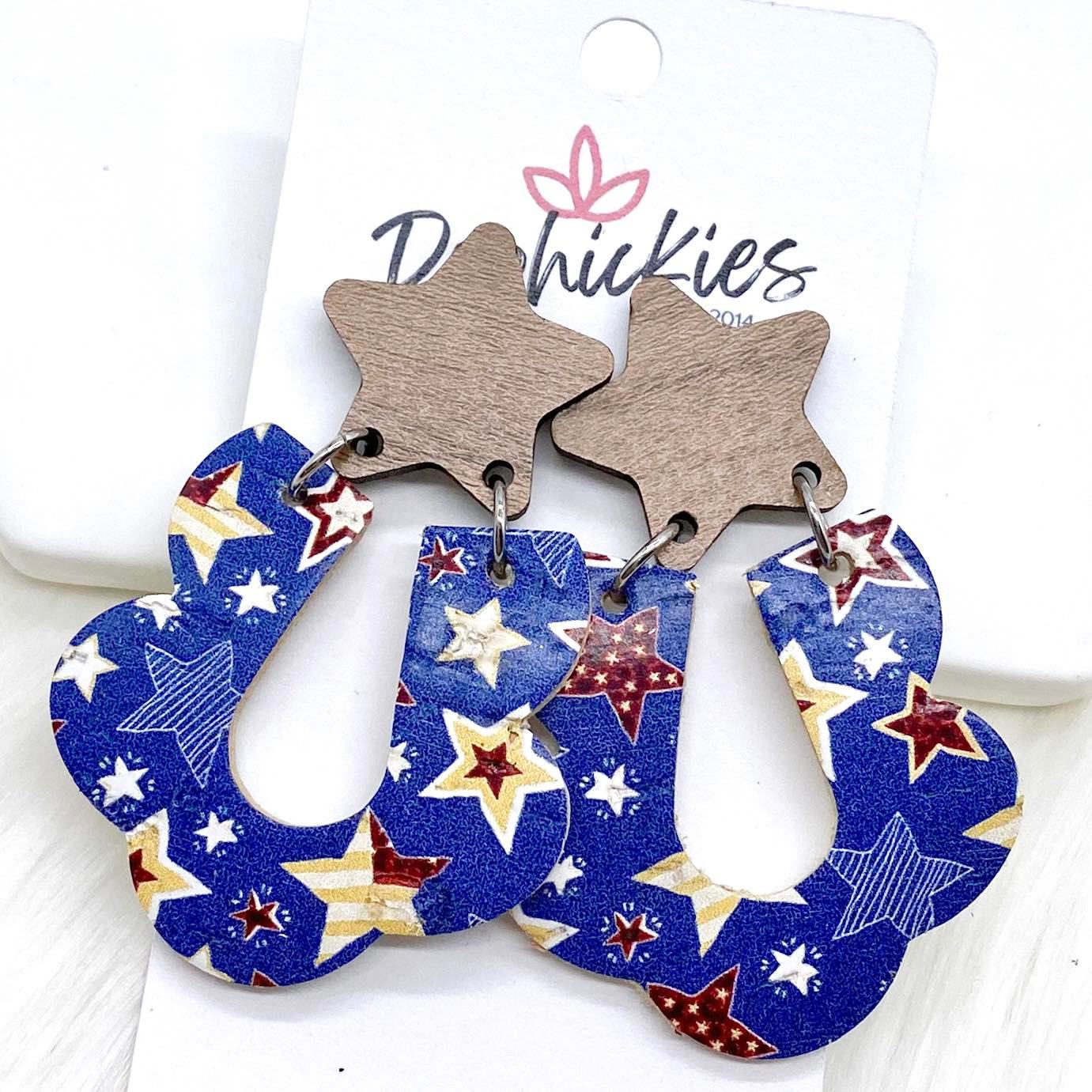 2.5" Walnut Stars & Vintage Patrioitic Star Loopies -Patriotic Earrings by Doohickies Wholesale