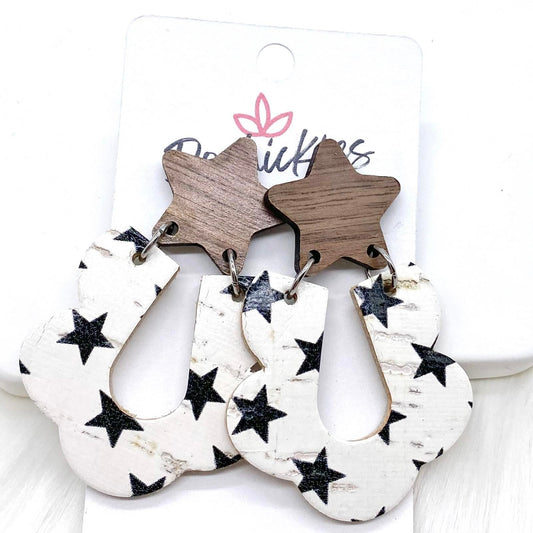 2.5" Walnut Stars & Black Star Loopies -Patriotic Earrings by Doohickies Wholesale