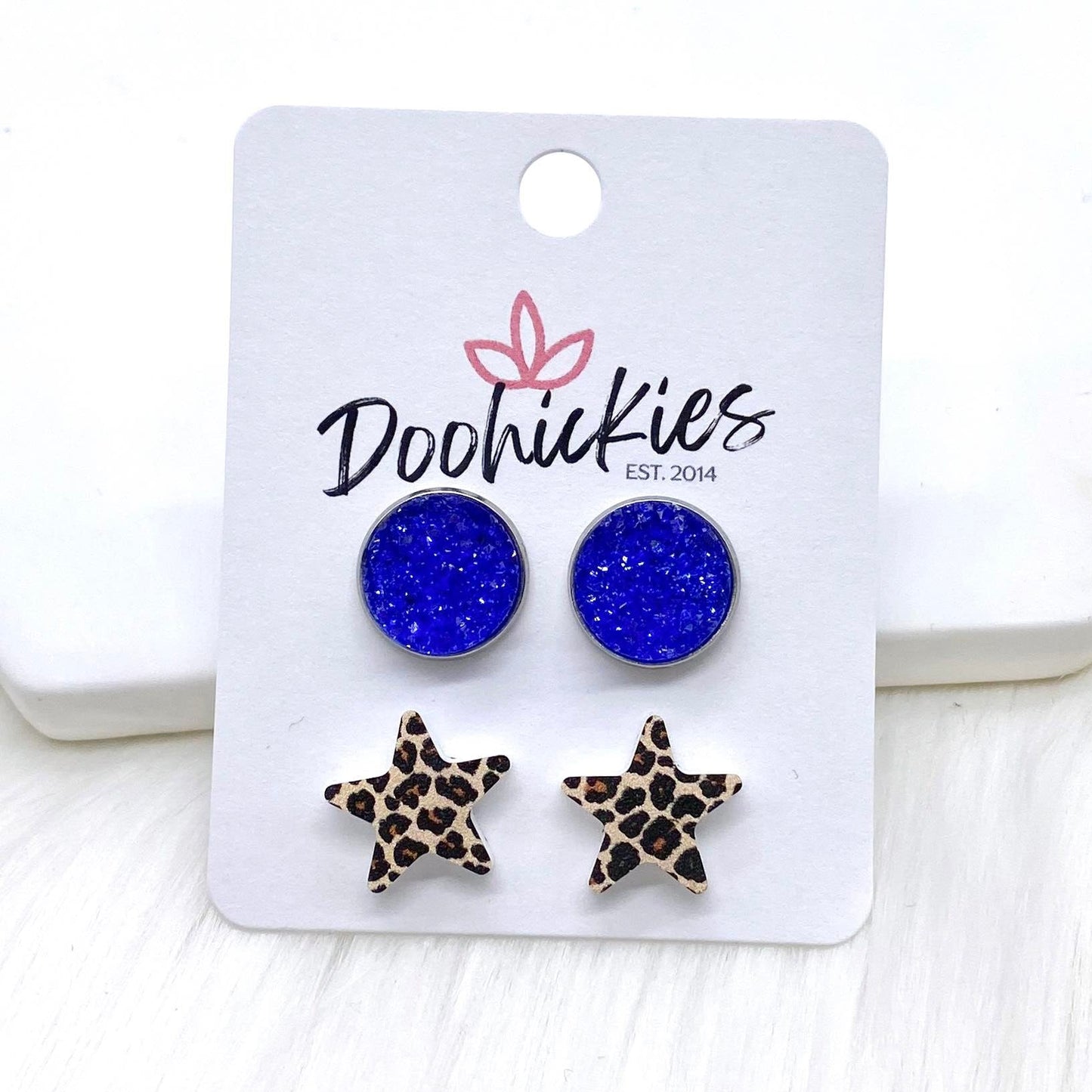 12mm Patriotic Sparkles & 14mm Leopard Star Duos in Stainless Steel Settings -Patriotic Earrings by Doohickies Wholesale