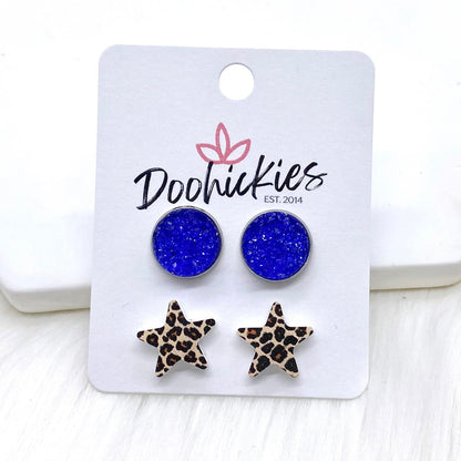 12mm Patriotic Sparkles & 14mm Leopard Star Duos in Stainless Steel Settings -Patriotic Earrings by Doohickies Wholesale