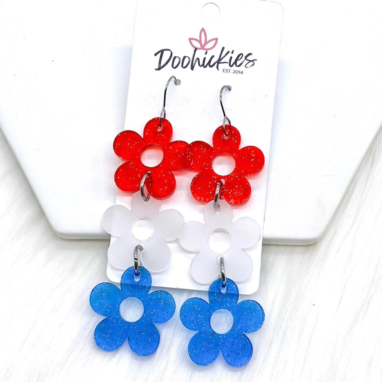 3.25" Patriotic Blossom Acrylic Drops -Patriotic Earrings by Doohickies Wholesale