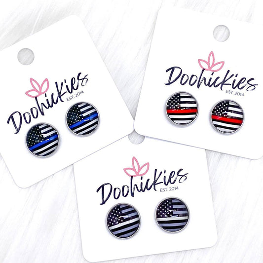 12mm Red, White, & Blue Line Flags in Stainless Steel Settings by Doohickies Wholesale