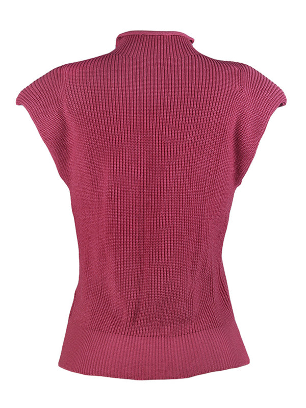 Casual Cap Sleeve Solid Color High-Neck Sweater Tops Pullovers by migunica