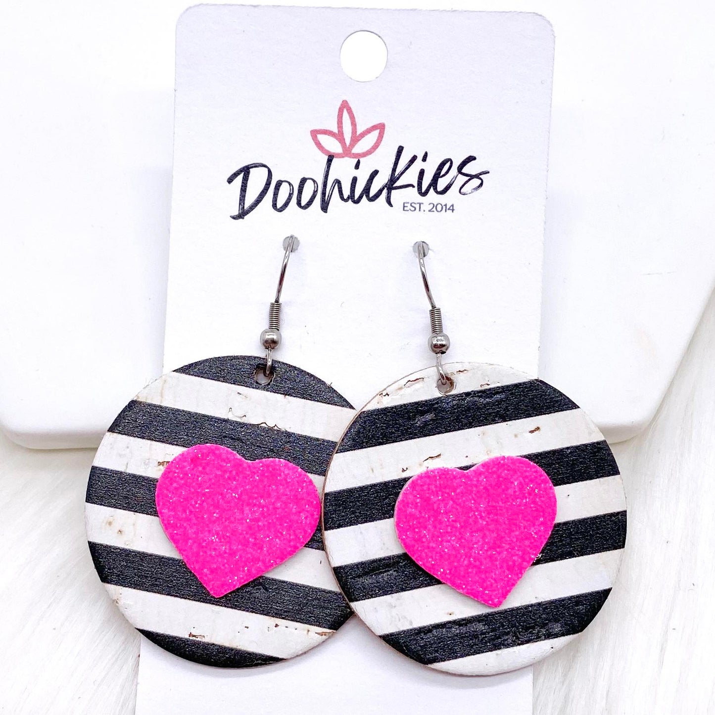 2" Valentine 3-D Glitter Hearts & Striped Circles -Earrings by Doohickies Wholesale