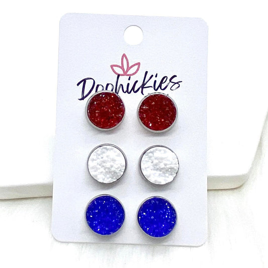 12mm Red Sparkles/White/Royal Blue Sparkles in Stainless Steel Settings -Patriotic Earrings by Doohickies Wholesale