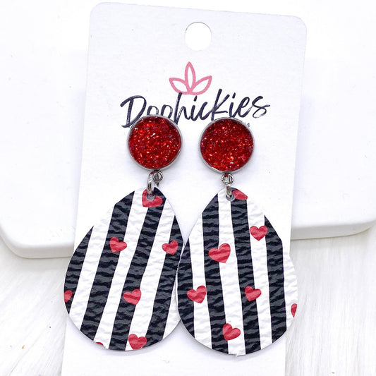 2" Red Sparkles & Striped Red Hearts Dangles -Earrings by Doohickies Wholesale