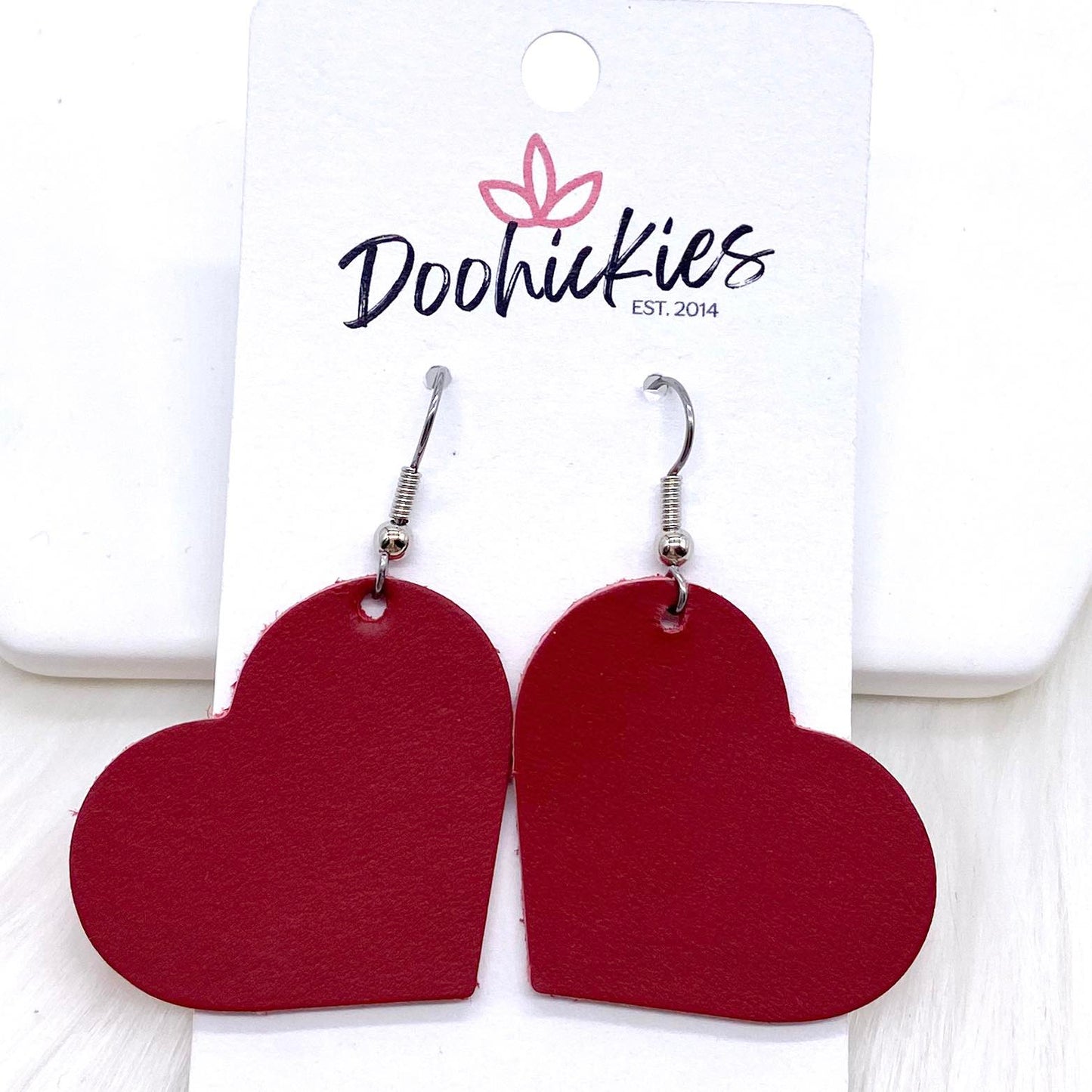 1.25” Deep Red Hearts (Thick Leather) -Earrings by Doohickies Wholesale