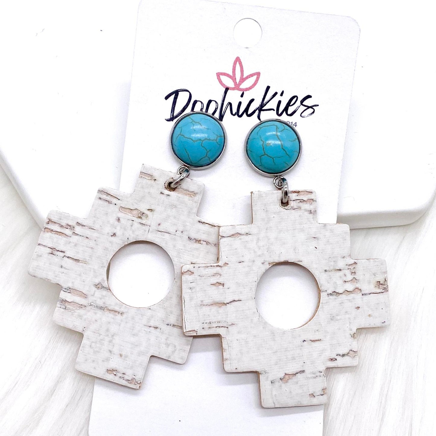 2.5" Turquoise & Linen Aztec Corkies -Earrings by Doohickies Wholesale