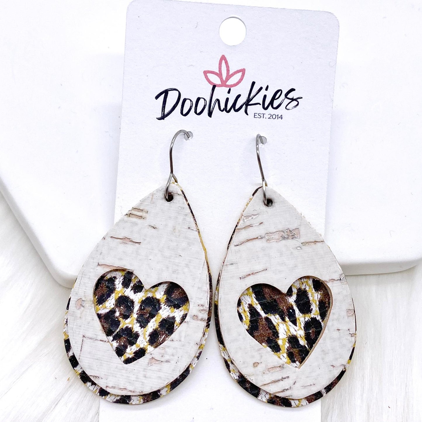 2" White & Chocolate Leopard Heart Layered Teardrops -Earrings by Doohickies Wholesale