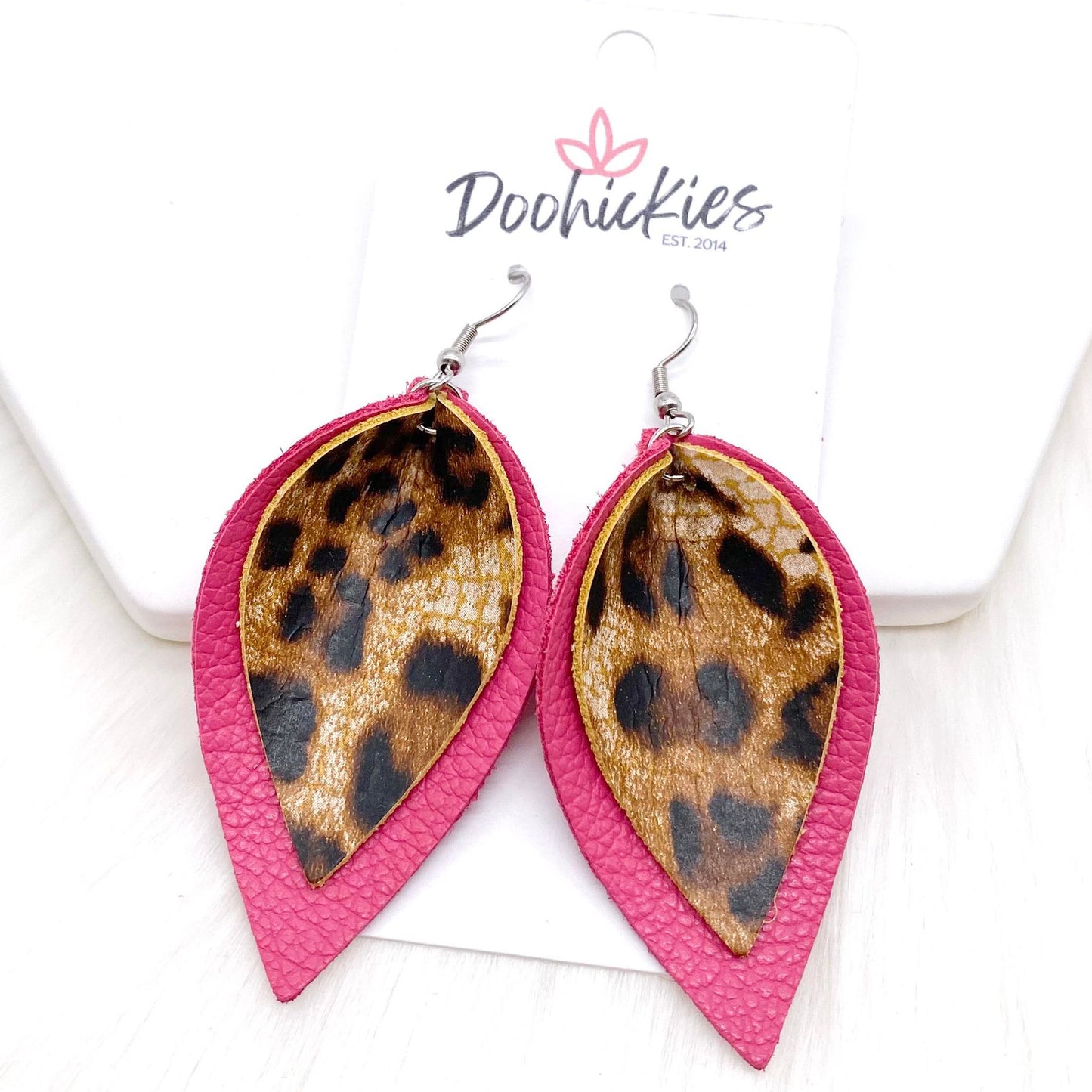 2.5" Leopard & Pink Layered Petals -Earrings by Doohickies Wholesale