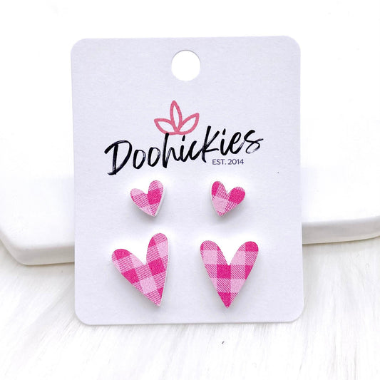 Valentine Pink Plaid Heart Mommy & Me -Earrings by Doohickies Wholesale