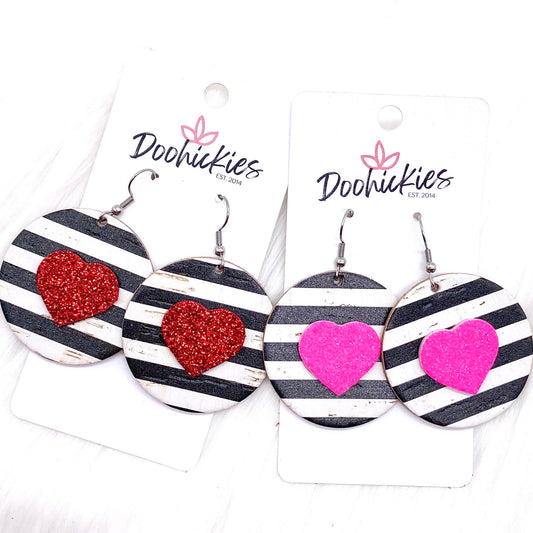 2" Valentine 3-D Glitter Hearts & Striped Circles -Earrings by Doohickies Wholesale