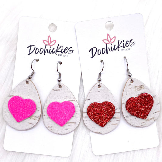 1.5" Valentine 3-D Glitter Hearts & White Linen Teardrops -Earrings by Doohickies Wholesale