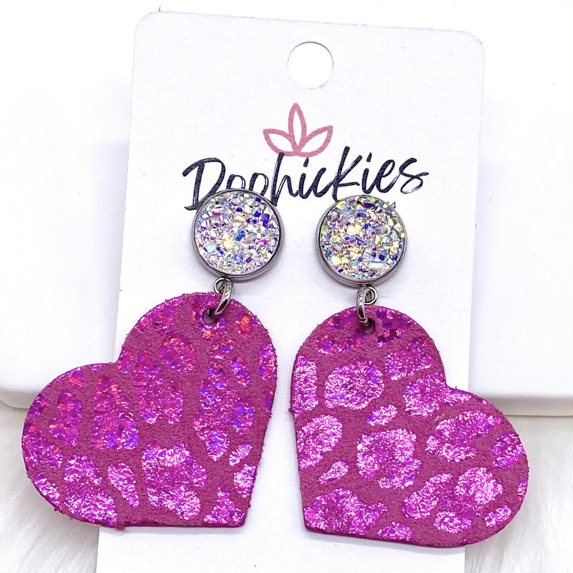 2" Crystal & Metallic Valentine's Leopard Heart Dangles (2 Colors) -Earrings by Doohickies Wholesale