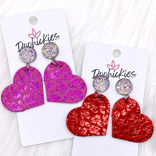 2" Crystal & Metallic Valentine's Leopard Heart Dangles (2 Colors) -Earrings by Doohickies Wholesale