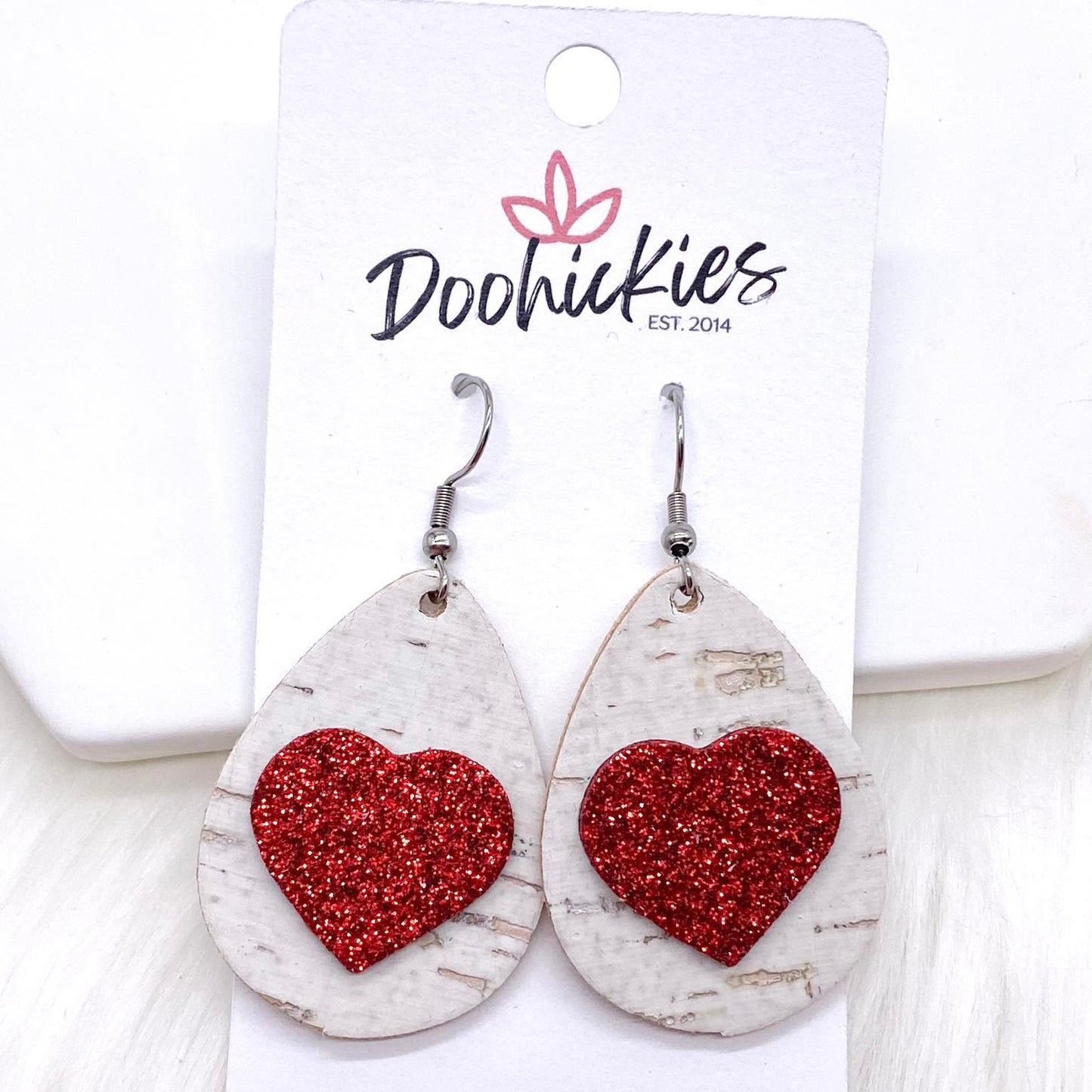 1.5" Valentine 3-D Glitter Hearts & White Linen Teardrops -Earrings by Doohickies Wholesale