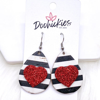 1.5" Valentine 3-D Glitter Hearts & Striped Teardrop Corkies -Earrings by Doohickies Wholesale