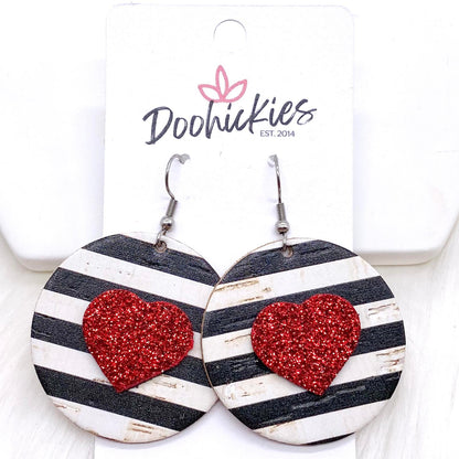 2" Valentine 3-D Glitter Hearts & Striped Circles -Earrings by Doohickies Wholesale