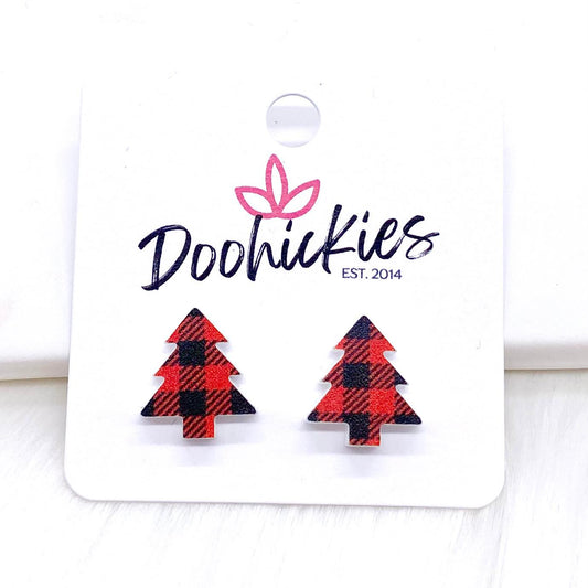 15mm Red Buffalo Plaid Christmas Tree Studs -Earrings by Doohickies Wholesale