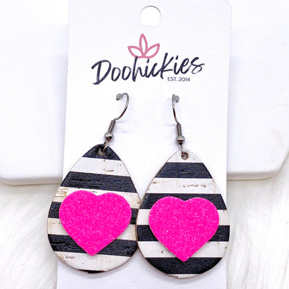 1.5" Valentine 3-D Glitter Hearts & Striped Teardrop Corkies -Earrings by Doohickies Wholesale