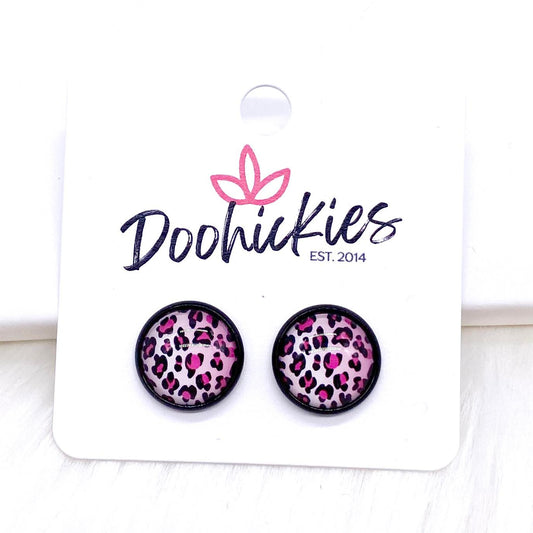 12mm Pink Ombre Leopard in Black Settings -Earrings by Doohickies Wholesale