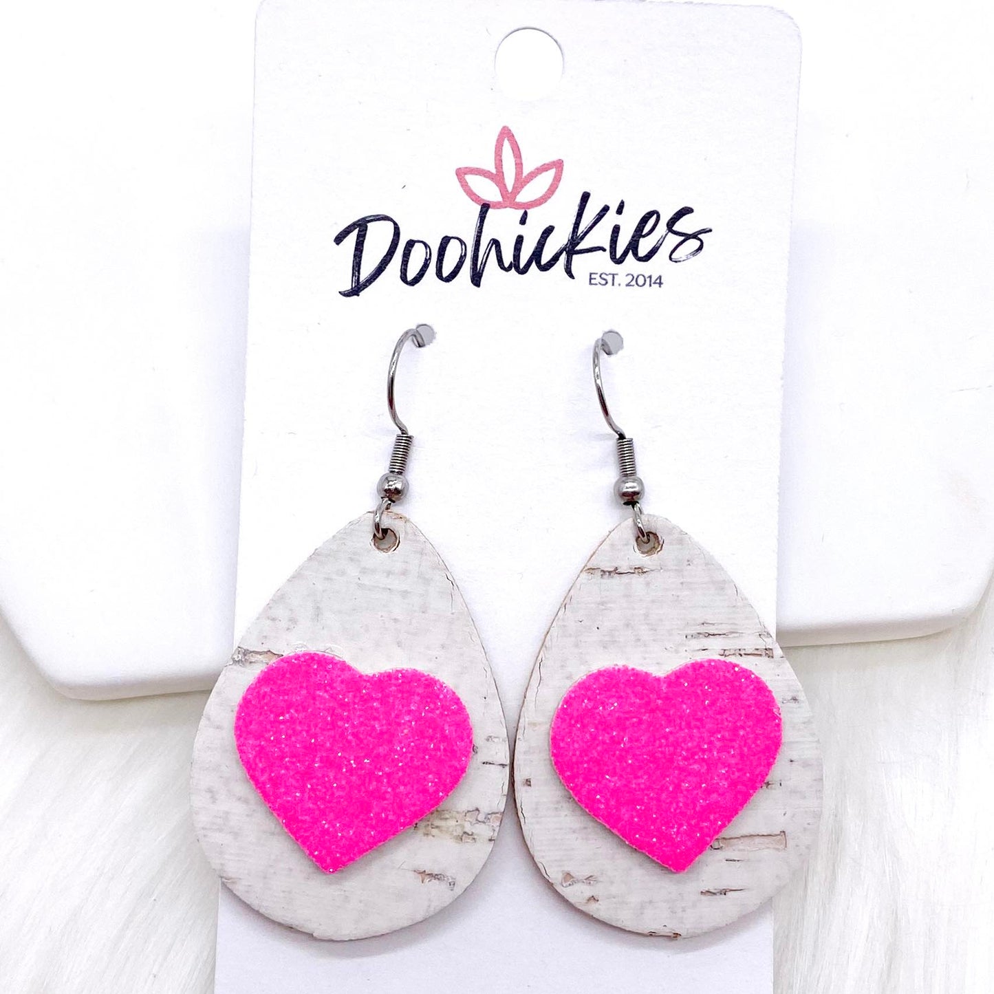 1.5" Valentine 3-D Glitter Hearts & White Linen Teardrops -Earrings by Doohickies Wholesale