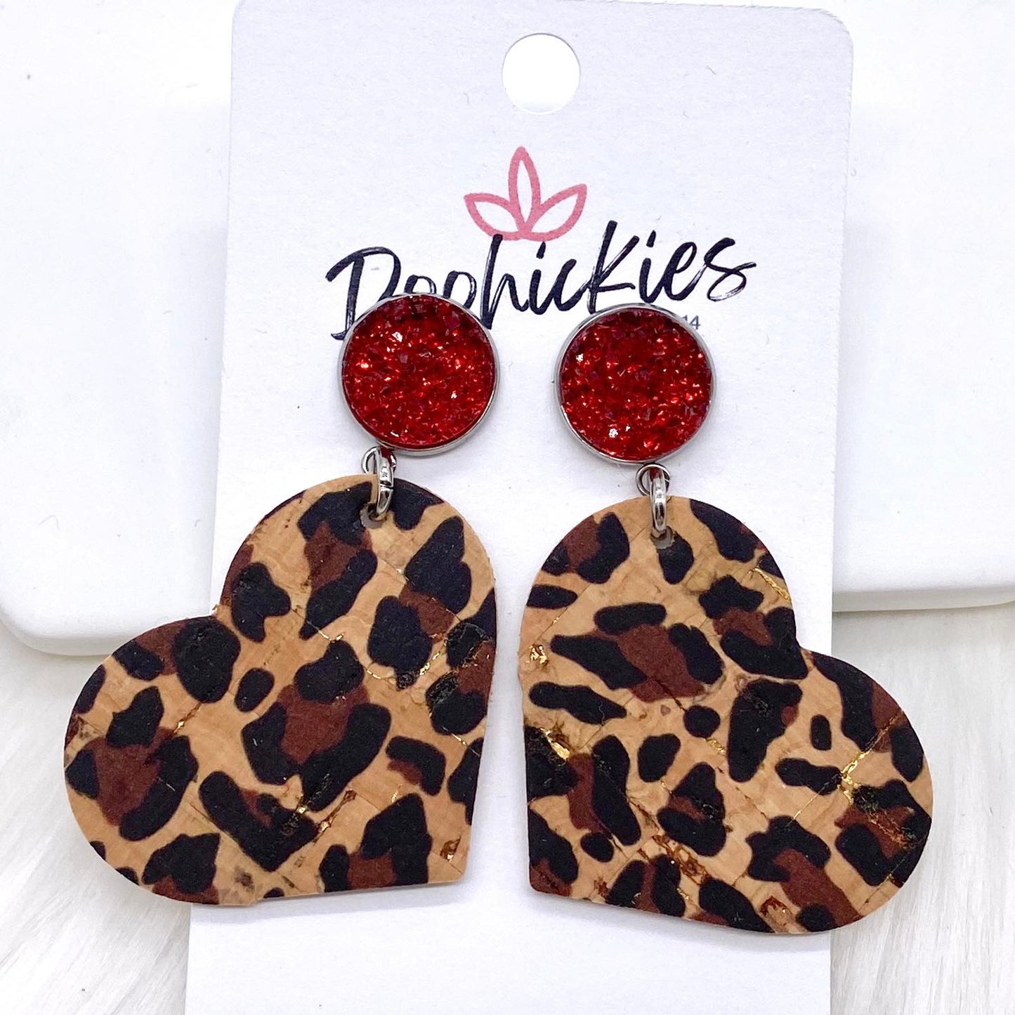 2" Red Sparkles & Metallic Leopard Heart Dangle Corkies -Earrings by Doohickies Wholesale