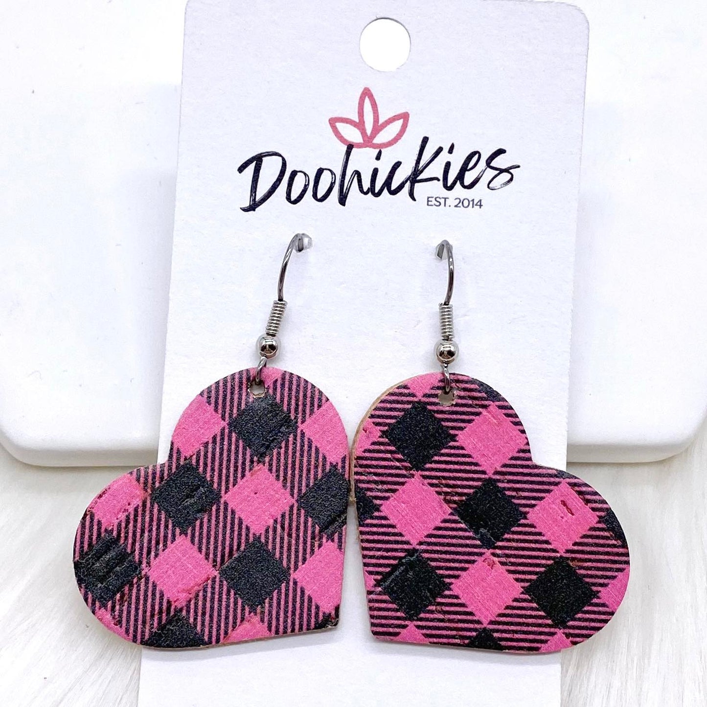 1.25” Hot Pink Buffalo Plaid Hearts (Corkies) -Earrings by Doohickies Wholesale