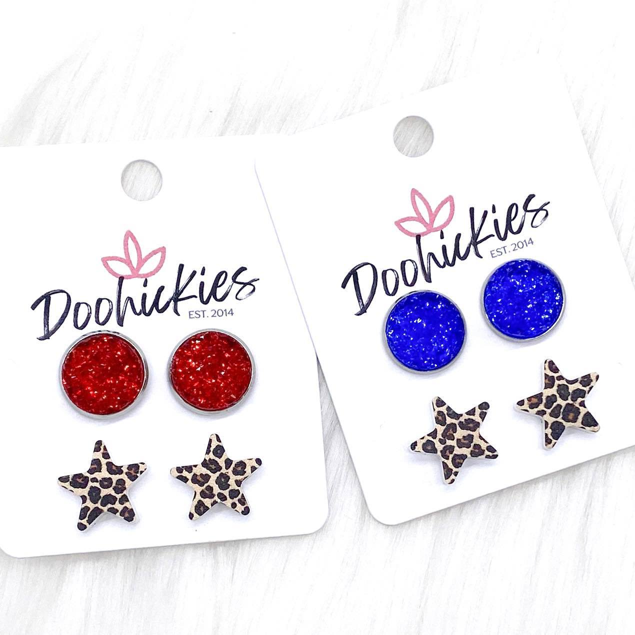 12mm Patriotic Sparkles & 14mm Leopard Star Duos in Stainless Steel Settings -Patriotic Earrings by Doohickies Wholesale