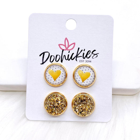 12mm Gold Valentine Hearts & Gold in Gold Settings -Earrings by Doohickies Wholesale