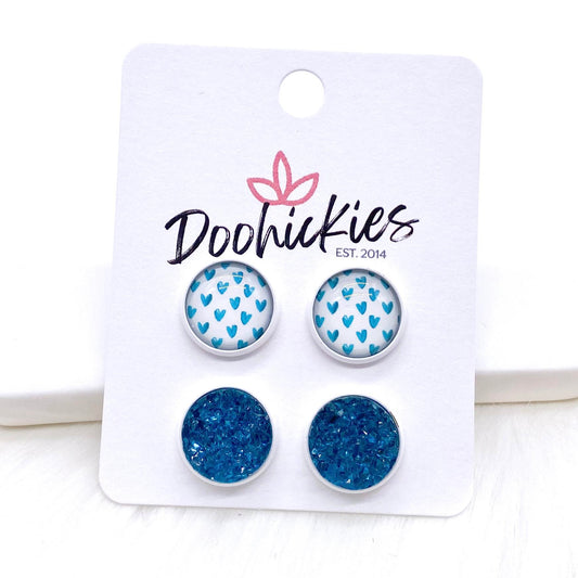 12mm Teal Valentine Hearts on White & Teal Sparkles in White Settings -Earrings by Doohickies Wholesale