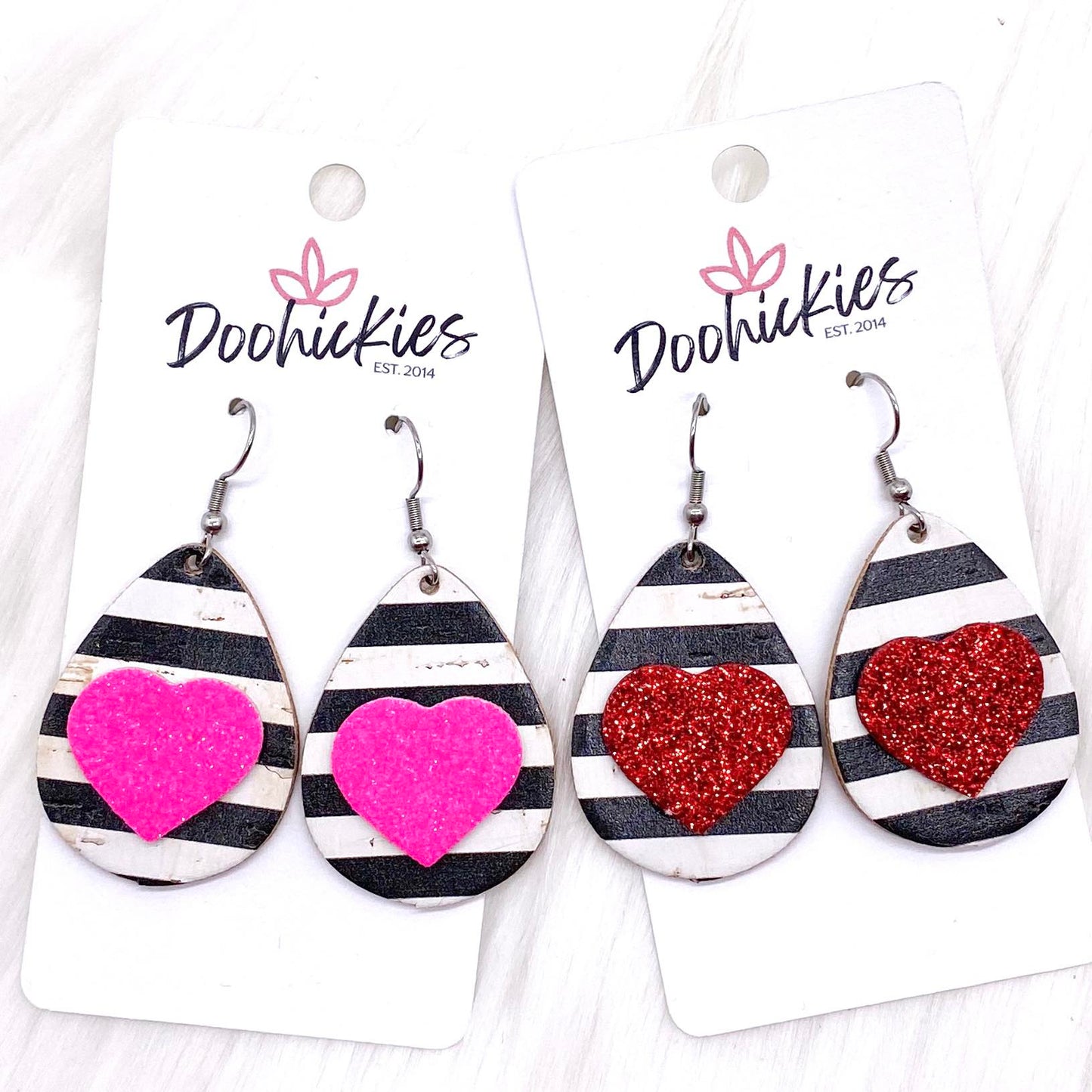 1.5" Valentine 3-D Glitter Hearts & Striped Teardrop Corkies -Earrings by Doohickies Wholesale