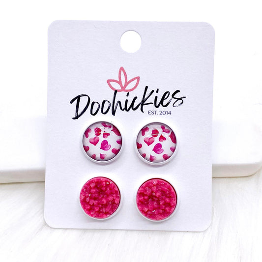 12mm Hot Pink Hearts & Dark Pink Crystals in White Settings -Earrings by Doohickies Wholesale