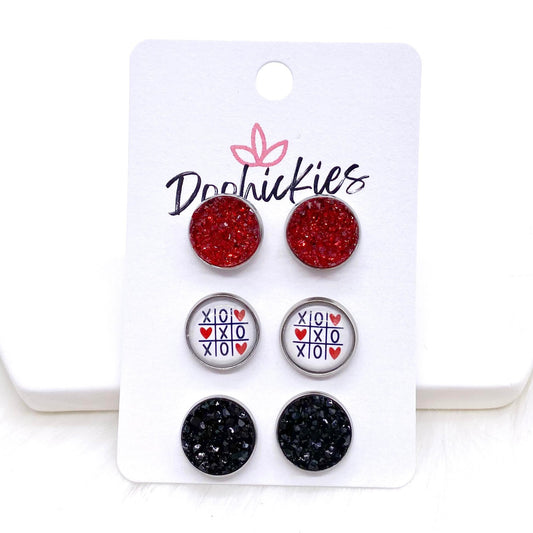 12mm Red Sparkles/XOXO/Black in Stainless Steel Settings -Earrings by Doohickies Wholesale