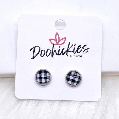 White Buffalo Plaid in Stainless Steel Settings -Earrings by Doohickies Wholesale