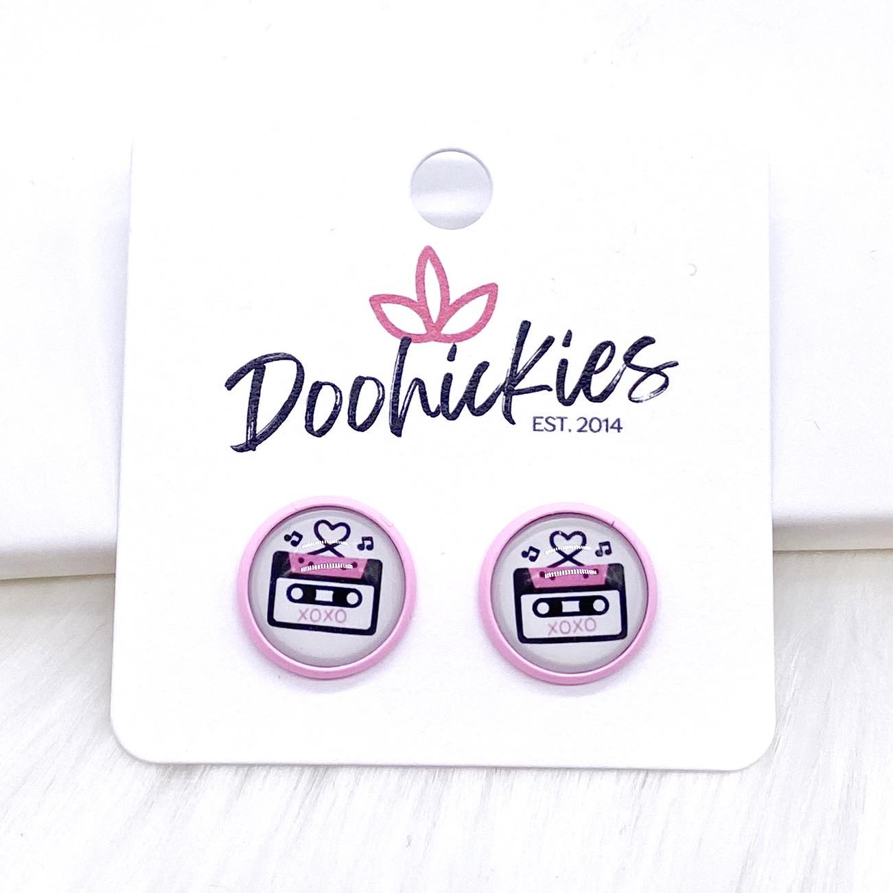 12mm Love Songs in Bright Pink Settings -Earrings by Doohickies Wholesale