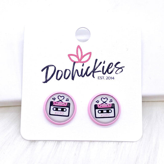 12mm Love Songs in Bright Pink Settings -Earrings by Doohickies Wholesale