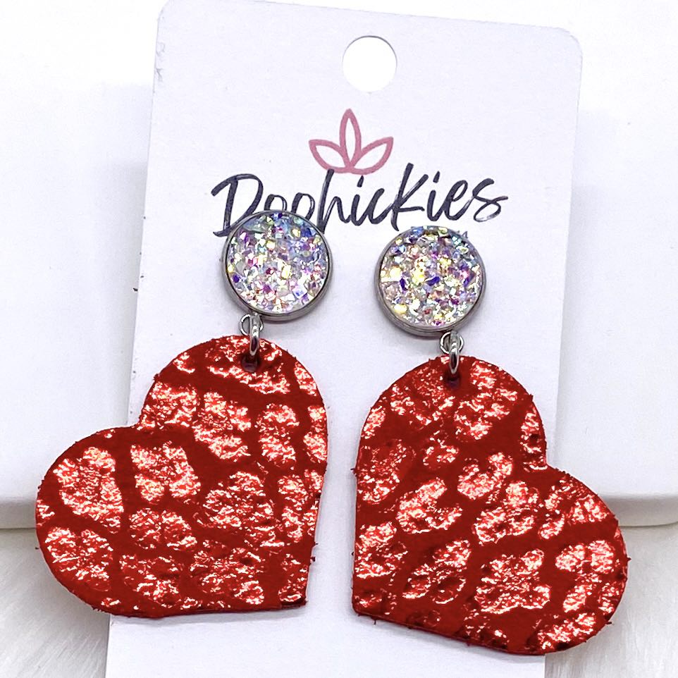 2" Crystal & Metallic Valentine's Leopard Heart Dangles (2 Colors) -Earrings by Doohickies Wholesale