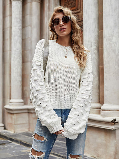 Trendy Tops Puff Sleeves Loose Solid Color Round-Neck Sweater Tops by migunica