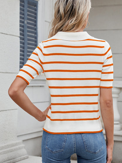 Striped Johnny Collar Short Sleeve Sweater