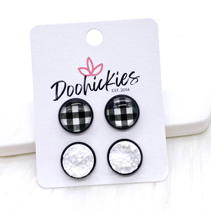 12mm Buffalo Plaid Duos in Black Settings -Earrings by Doohickies Wholesale